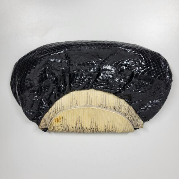 Vintage Snakeskin Clutch Purse Womens Cream Black Snap Closure Crossbody Strap - Picture 2 of 10